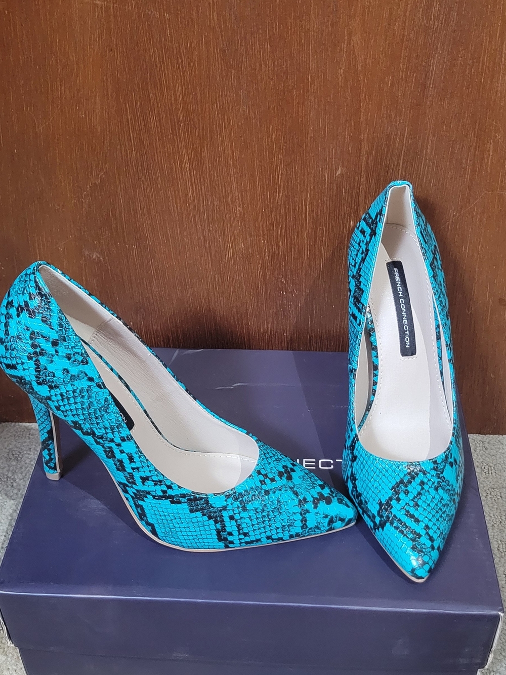 French Connection Turquoise Snake-Print Pointed Pumps